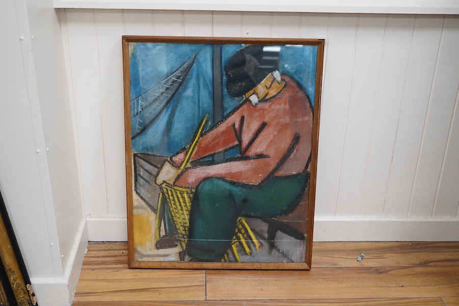 Foiso Fois (Sardinian, 1916-1984), pastel, Study of a fisherman weaving a lobster pot, signed and dated 1951, 72 x 58cm. Condition - good